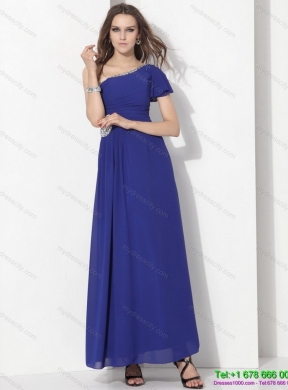 Modest One Shoulder Blue Prom Dress with Ruching and Beading