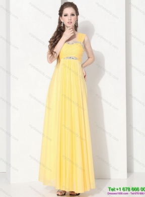 2015 Floor Length Prom Dresses with Ruching and Beading