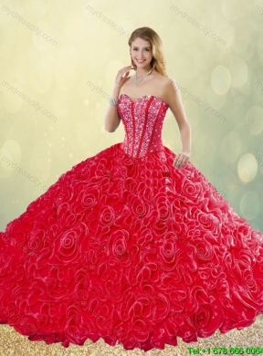New Style Brush Train Rolling Flowers Quinceanera Dresses in Red