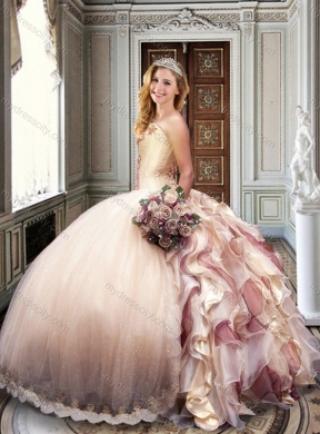 2016 Ball Gown Strapless Champagne Sweet 16 Dress with Appliques and Ruffles