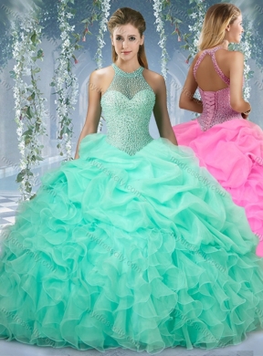 Beautiful Halter Top Beaded and Ruffled Sweet 16 Gown in Mint