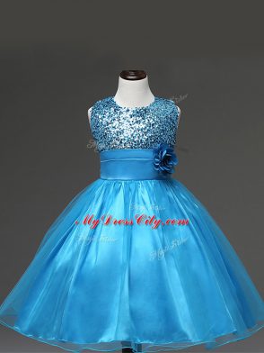 Dramatic Baby Blue Ball Gowns Sequins and Hand Made Flower Flower Girl Dresses for Less Zipper Tulle Sleeveless Knee Length