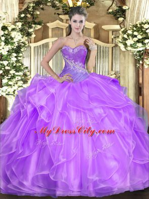 Hot Selling Lilac Sweetheart Lace Up Beading and Ruffles Ball Gown Prom Dress Sleeveless