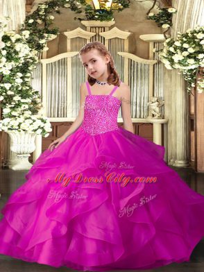 Fuchsia Ball Gowns Organza Straps Sleeveless Ruffles Floor Length Lace Up Girls Pageant Dresses