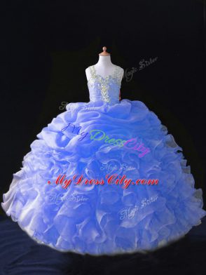 Latest Organza Straps Sleeveless Zipper Beading and Ruffles and Pick Ups Pageant Dress for Teens in Blue