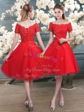Beautiful Red Tulle Lace Up Homecoming Dress Short Sleeves Knee Length Lace