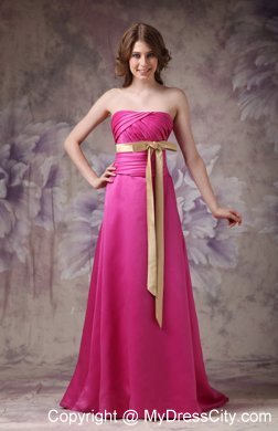 Long Ruched Hot Pink Bridesmaid Dress with Champagne Sash