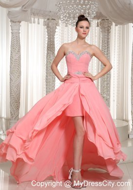 Beaded Decorate High-low Chiffon Watermelon Pink Prom Dress
