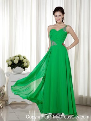 Empire Beaded One Shoulder Chiffon Green Prom Dress