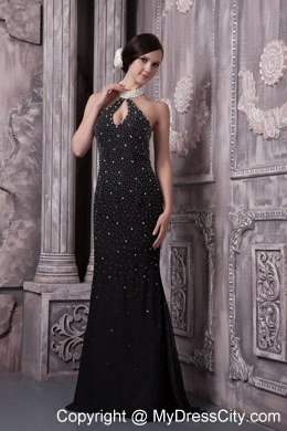 Black Jeweled Halter Celebrity Dress with Brush Train