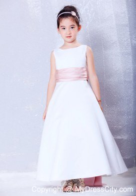A-line Scoop Taffeta Sash Decorate Flower Girl Dress in White and Pink