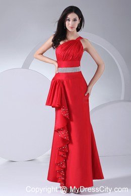 Ruched Decorate One Shoulder Red 2013 Beading Prom Dress