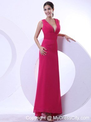 2013 Simple Red V-neck Long Prom Party Dress with Ruches