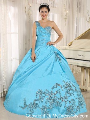 One Shoulder Appliques Beading Baby Blue Sweet Sixteen Dresses