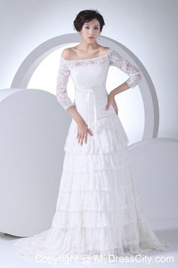 Off The Shoulder Lace Ruffles Layered Court Train Wedding Dress