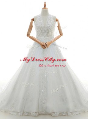 Lace White Zipper Wedding Dresses Appliques Sleeveless With Brush Train