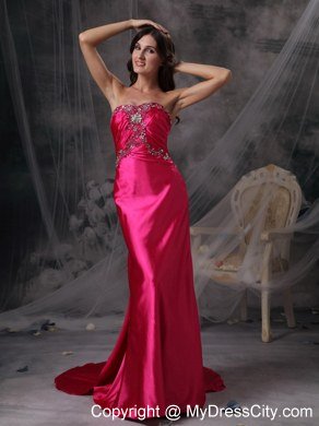 Hot Pink Strapless Evening Formal Gowns with Beading and Ruches