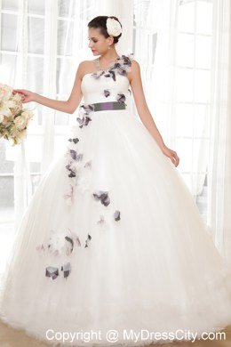 Romantic Ball Gown Flowers One Shoulder Tulle Wedding Dress