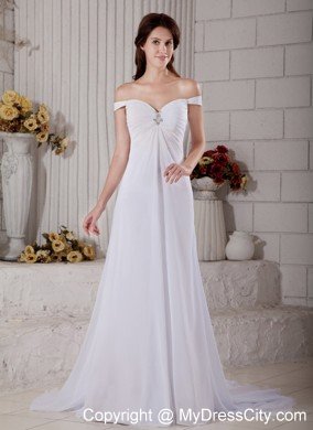 Simple A-line Off The Shoulder Court Train Beaded Bridal Gown
