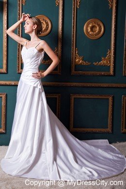 Modest A-line Straps Beading Church Wedding Dress with Chapel Train
