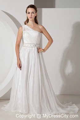 Beaded Decorate Waist Empire Single Shoulder Hall Wedding Dress