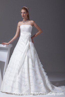 Ruffled Layers A-line Brush Train Wedding Dress with Flower Sash