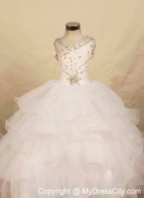 White One Shoulder Organza Little Girl Pageant Dresses Floor-length Beading
