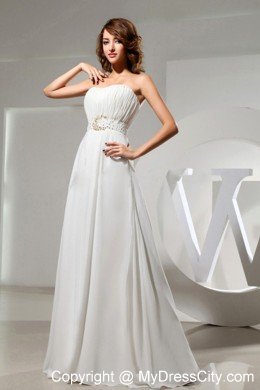 White Chiffon Prom Evening Dresses With Beaded Ruching Bodice