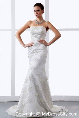 Mermaid Embroidery Lace Strapless Wedding Gown with Clasp Handle