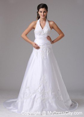 Halter A-line Embroidery Brush Train Ruched Bridal Dress