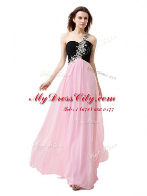 Fantastic One Shoulder Pink And Black Chiffon Zipper Prom Dresses Sleeveless Floor Length Beading and Appliques and Ruffles