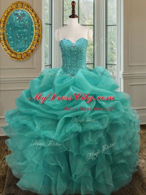 Turquoise Ball Gowns Organza Sweetheart Sleeveless Beading and Ruffles and Pick Ups Floor Length Lace Up Quinceanera Dresses
