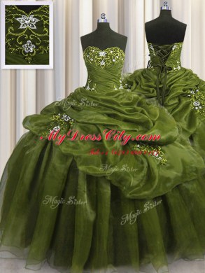 Perfect Olive Green Sweetheart Lace Up Beading and Appliques and Pick Ups Sweet 16 Dresses Sleeveless