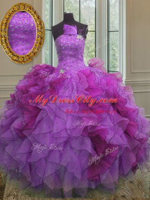 Traditional Sleeveless Floor Length Beading and Ruffles Lace Up Quinceanera Dresses with Multi-color