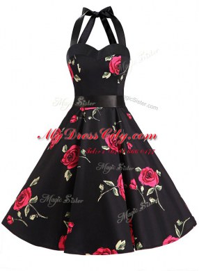 Super Halter Top Black Chiffon Zipper Prom Dresses Sleeveless Knee Length Sashes ribbons and Pattern