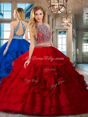 Two Pieces Quinceanera Gowns Red Scoop Organza Sleeveless Floor Length Backless