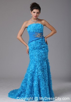Baby Blue Rolling Flower Beading Prom Dress With Brush Train