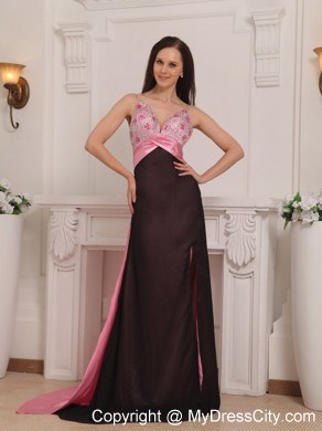 Pink and Black Column Straps Brush Train Beaded Prom Gown
