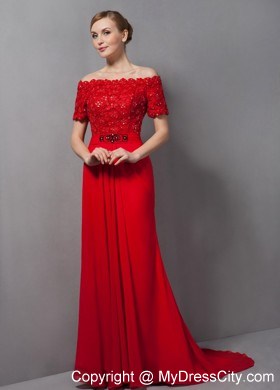Lace Appliques Off Shoulder Red Evening Dress with Brush Train ...