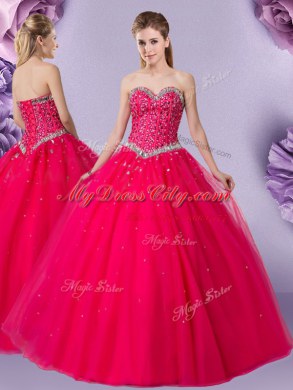 Tulle Sweetheart Sleeveless Lace Up Beading Ball Gown Prom Dress in Coral Red