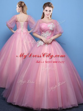 Great Scoop Pink Lace Up Ball Gown Prom Dress Appliques Half Sleeves Floor Length