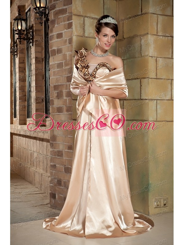 Champagne Flower One Shoulder Leopard Prom Pageant Dress
