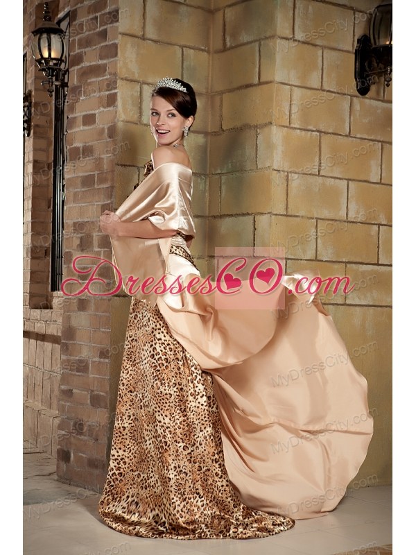 Champagne Flower One Shoulder Leopard Prom Pageant Dress