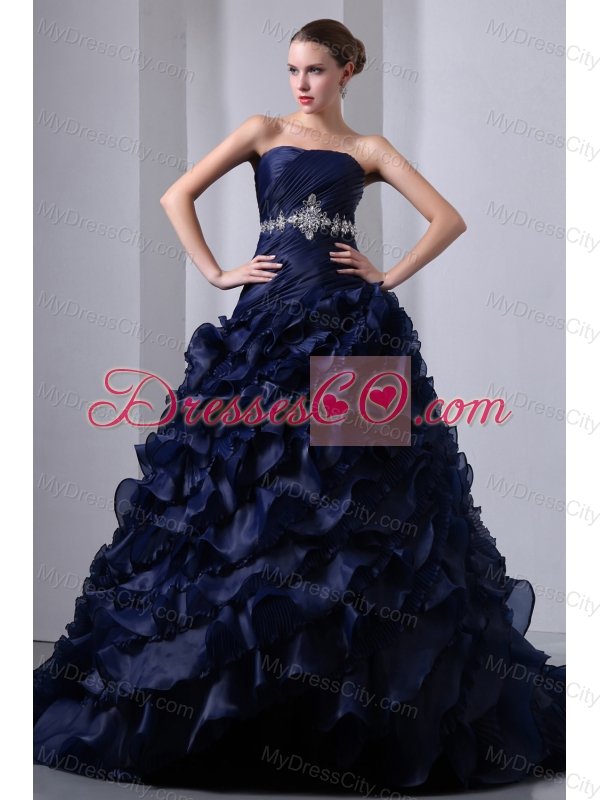 Navy Blue A-Line / Princess Strapless Brush Train Taffeta and Organza Beading and Ruch Quinceanea Dress