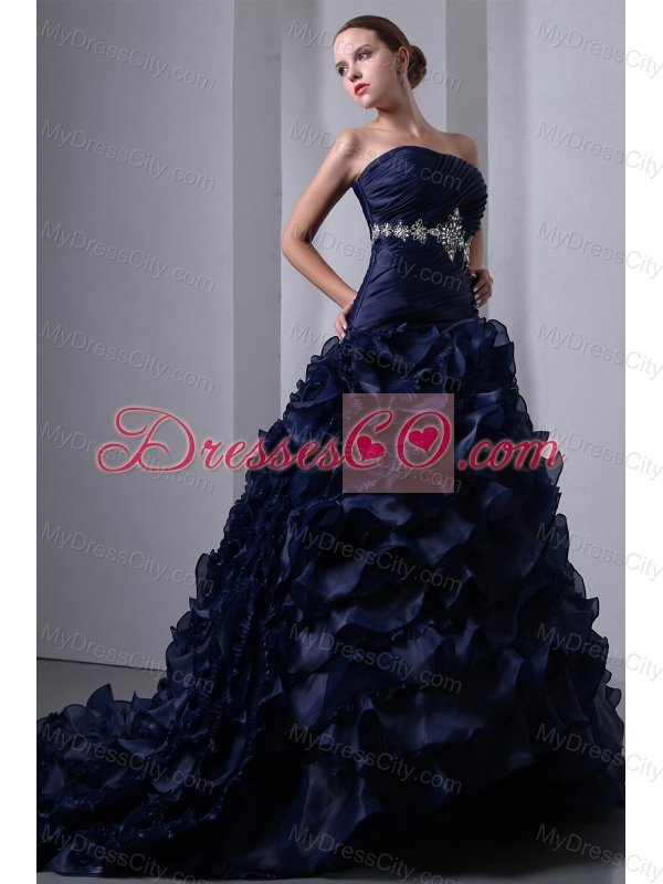 Navy Blue A-Line / Princess Strapless Brush Train Taffeta and Organza Beading and Ruch Quinceanea Dress
