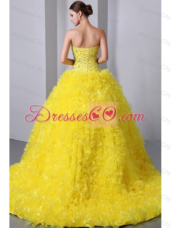 Yellow A-Line / Princess Sweetheart Brush Train  Organza Beading and Ruffles Quinceanea Dress