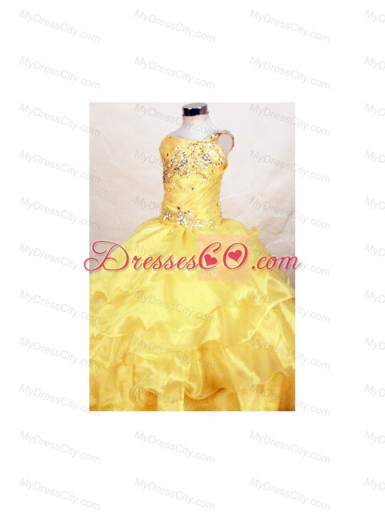 Yellow Ruffles Beaded Girl Pageant Dresses with One Shoulder
