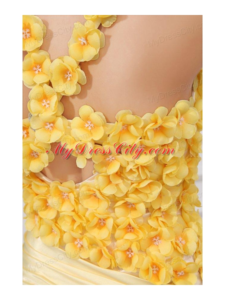 Column V-neck Ruching and Hand Made Flowers Mini-length Criss Cross Prom Dress