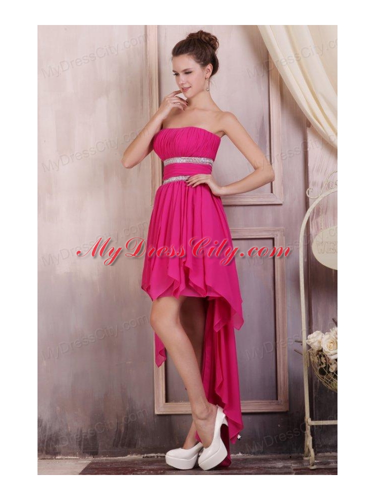 Hot Pink High-low Prom Dress with Beading and Ruching