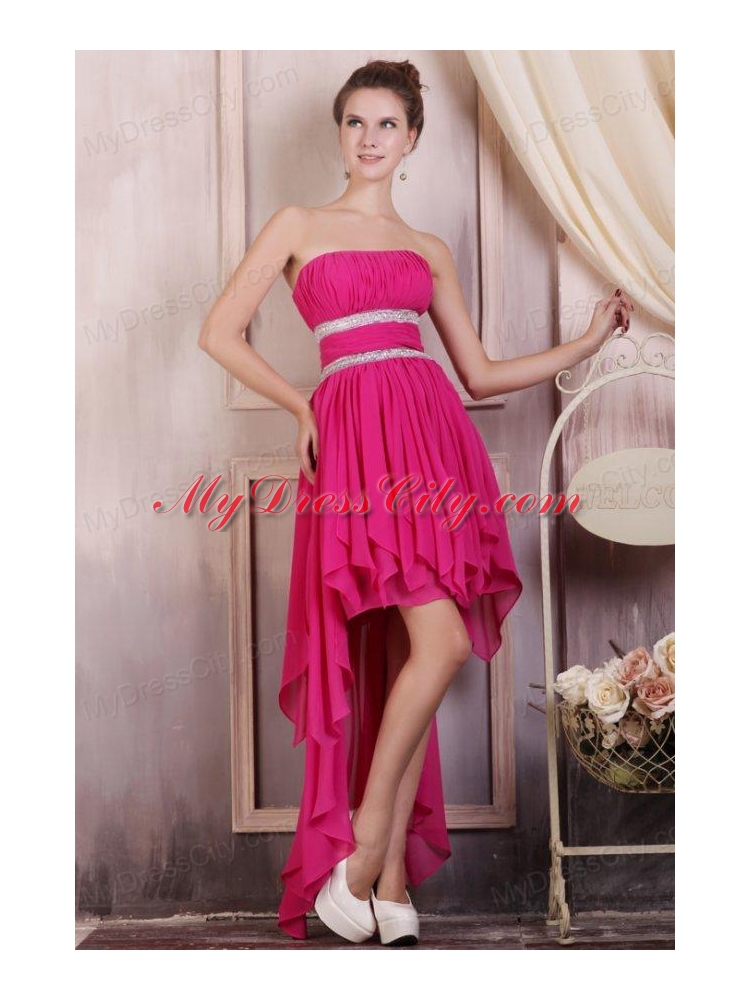 Hot Pink High-low Prom Dress with Beading and Ruching